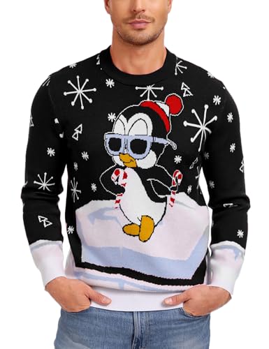 Demigimi Weihnachtspullover Herren Ugly Lustig Strickpullover Ugly Christmas Sweater Weihnachtspulli Pinguin Sweatshirt hässlicher Weihnachtspullover von Demegimi