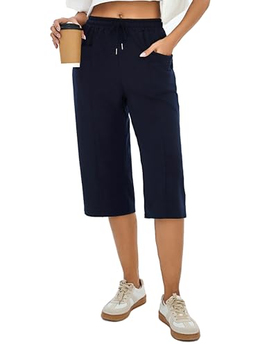 Jogginghose Damen 3/4 Kurz Hose Sommer Baumwolle Trainingshose Sweathose Baggy High Waist Freizeithose Sporthose Capri Hose von Demegimi