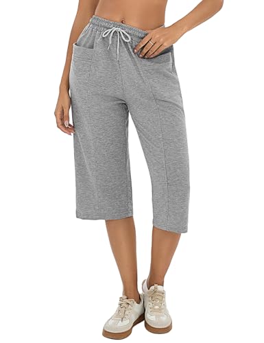 Jogginghose Damen 3/4 Kurz Hose Sommer Baumwolle Trainingshose Sweathose Baggy High Waist Freizeithose Sporthose Capri Hose von Demegimi