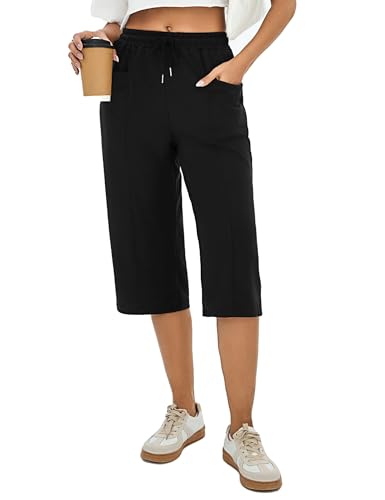 Jogginghose Damen 3/4 Kurz Hose Sommer Baumwolle Trainingshose Sweathose Baggy High Waist Freizeithose Sporthose Capri Hose von Demegimi