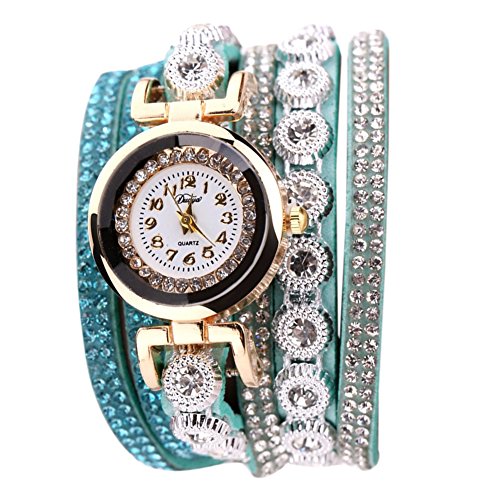 Demiawaking Leder Armband-Uhr-Frauen-beiläufige Rhinestone-Quarz-Armband-Uhr von Demiawaking