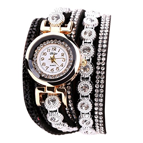 Demiawaking Leder Armband-Uhr-Frauen-beiläufige Rhinestone-Quarz-Armband-Uhr von Demiawaking