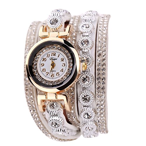 Demiawaking Leder Armband-Uhr-Frauen-beiläufige Rhinestone-Quarz-Armband-Uhr von Demiawaking