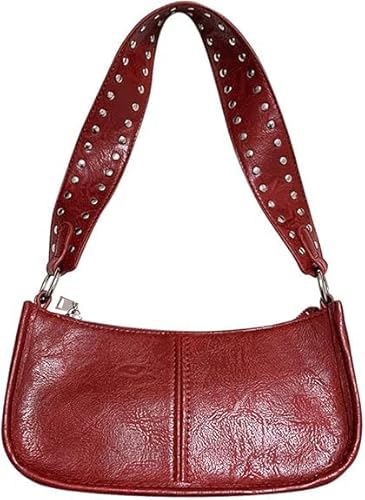 Demiawaking Retro Damen Umhängetasche mit Nieten, Schultertasche Unterarmtasche, Leder Handtasche, PU-Tragetasche, Hobo Einkaufstasche, Y2k Geldbörse (Rot) von Demiawaking