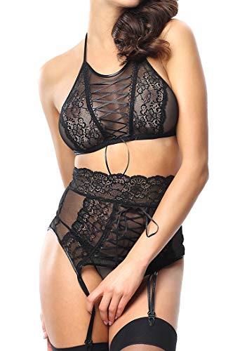 Damen Dessous BH Top und High Waist Strapsgürtel ouvert in schwarz transparent aus Tüll und Spitze Wetlook Schnürung Bänder XXL von .Demoniq