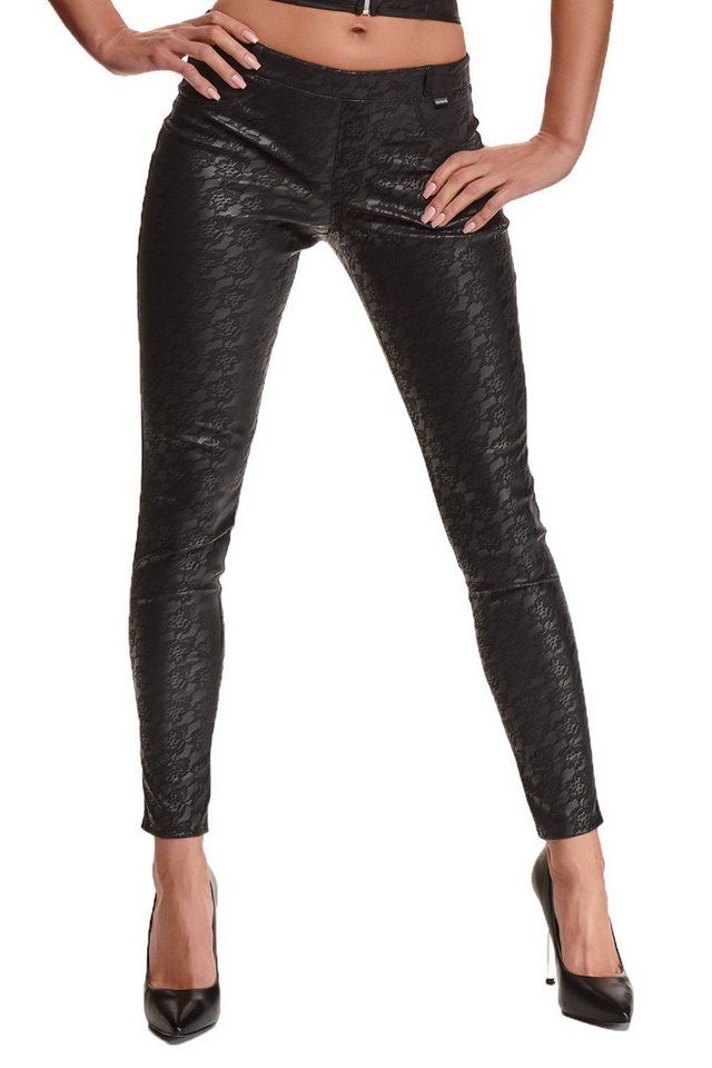 Demoniq Leggings Schwarze Leggings Hose aus floralem wetlook Material elastisch Damen von Demoniq