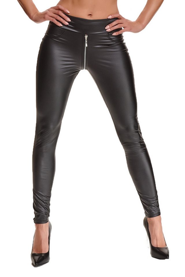 Demoniq Leggings Schwarze Leggings Hose aus wetlook Material elastisch Damen eng von Demoniq