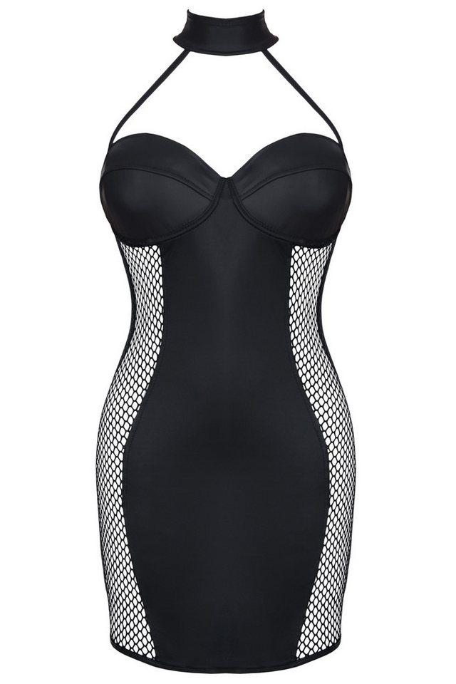 Demoniq Minikleid Schwarzes erotisches Frauen wetlook Neckholder Minikleid mit Netz Stof von Demoniq