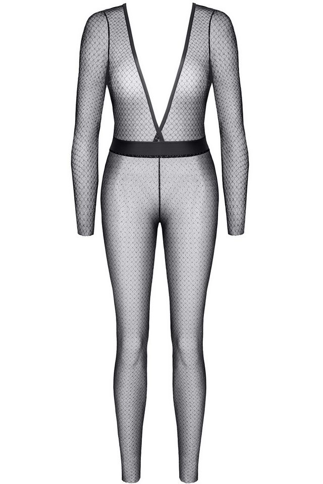 Demoniq Overall Schwarz/silbernes Damen Dessous Jumpsuit transparent langarm aus Netzs von Demoniq