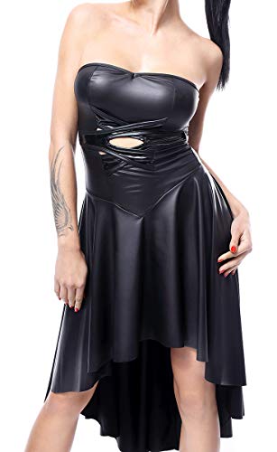 Demoniq Schwarzes Frauen Wetlook fetisch Kleid glänzend mit Schnürung aus PVC Material Bandeau Kleid S von Demoniq