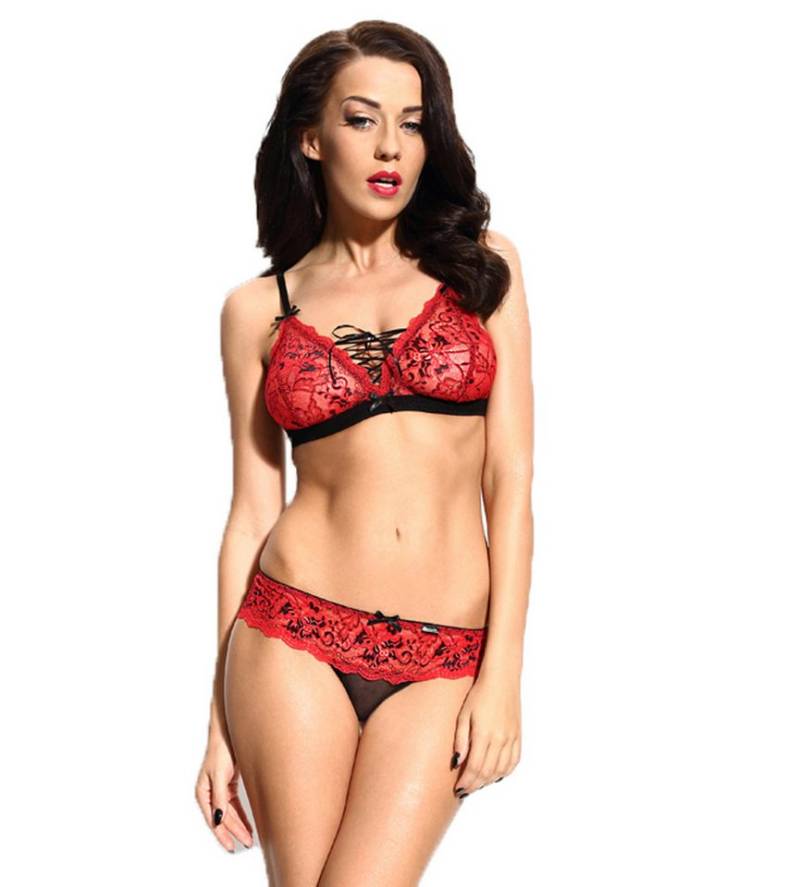 Demoniq Set: Dekolleté-BH Damen Dessous Reizwäsche Set in schwarz rot mit Spitze und Hakenversch von Demoniq