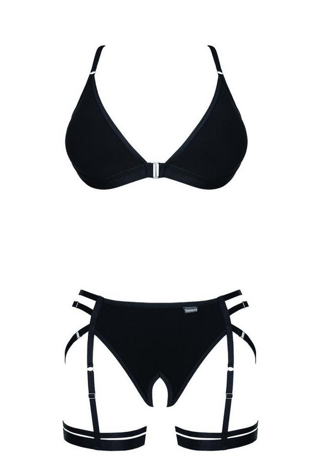 Demoniq Set: Dekolleté-BH Schwarzes knappes Frauen Dessous Set BH und ouvert String mit integrie von Demoniq