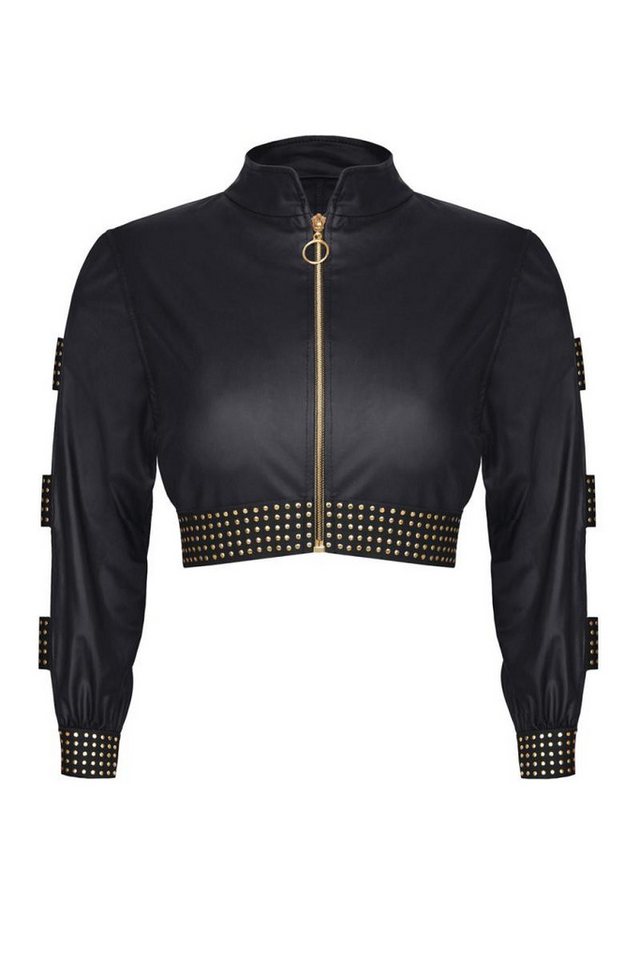 Demoniq Trägertop Schwarze kurze Damen wetlook Jacke mit goldenem Reißverschluss von Demoniq