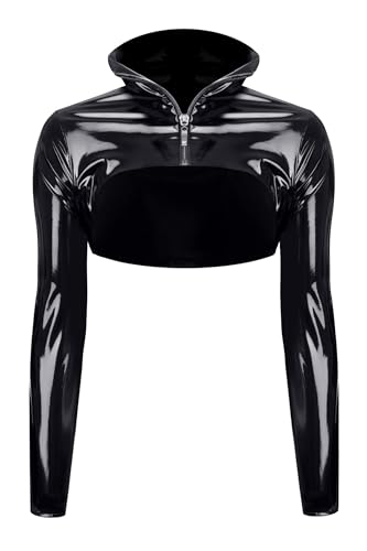 Schwarze Kurze Jacke Bolero aus glänzendem dehnbaren Vinyl Material mit Reißverschluss und Kragen L von Demoniq.