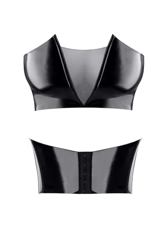 Kinky Top aus glänzendem Lack mit Netzeinsatz und verstellbarem Hakenverschluss. Schwarzes Damen-Top TDGerda001 S von Demoniq