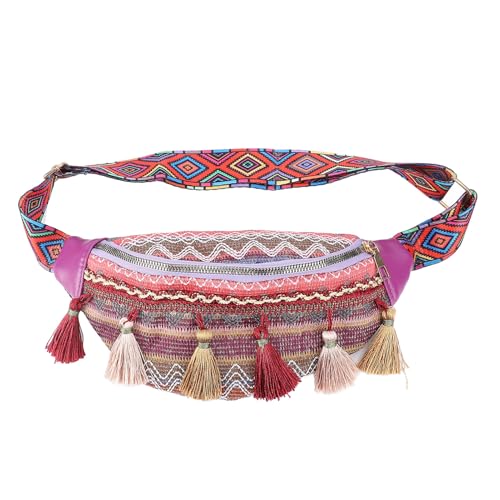 Schlichte, Stilvolle Hüfttasche mit Großem Fassungsvermögen für den Täglichen Gebrauch auf Reisen, aus Hochwertigem Polyester, Modischer Folk-Stil mit Quastenbesatz-Design (Purple) von Denash