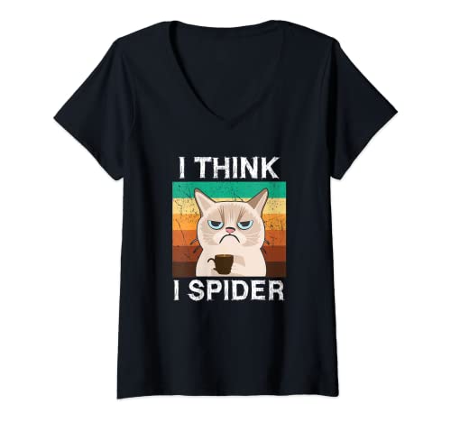 Damen Morgenmuffel Denglisch Kaffee Katze I Think I Spider T-Shirt mit V-Ausschnitt von Denglisch Sprüche I Think I Spider