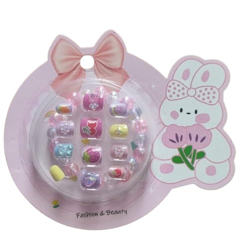 Künstliche Nägel für Kinder, Mininägel, verschiedene Muster bunt 5D, für Mädchen, selbstklebend 12 Stück mit Armband von Deni Carte