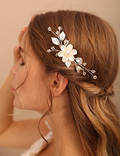 Deniferymakeup Frauen Rose Gold Haarspange Weiß Perle Blume Haarspange Strass Haarteil Hochzeit Haarschmuck Geschenk für Braut Brautjungfer Mädchen (Roségold) von Deniferymakeup