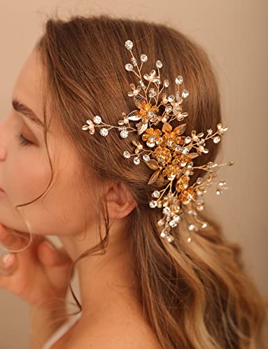 Deniferymakeup Haarkamm mit Goldblumen, Blatt, Haarteil, Kristall, Strass, Brautschmuck, Haarschmuck für Hochzeit, Frauen und Mädchen von Deniferymakeup