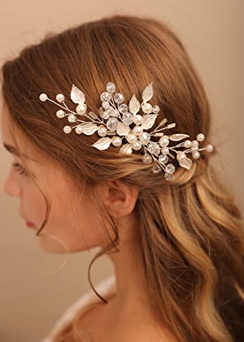 Deniferymakeup Hochzeit Perlen Haarkamm Silber Braut Blatt Haarkämme Kopfschmuck Vintage Perle Seitenkamm Kristall Haarkamm Dekorative Haarschmuck für Frauen und Mädchen von Deniferymakeup