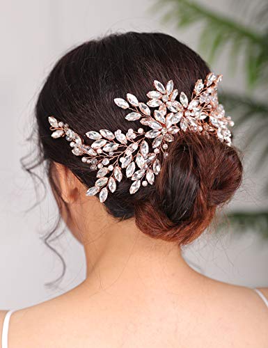 Deniferymakeup Rose Gold Braut Haarkamm glitzernde Strass Hochzeit Haarkamm Perle Braut Kopfschmuck Rose Gold Haarschmuck für Frauen und Mädchen (Gold) von Deniferymakeup