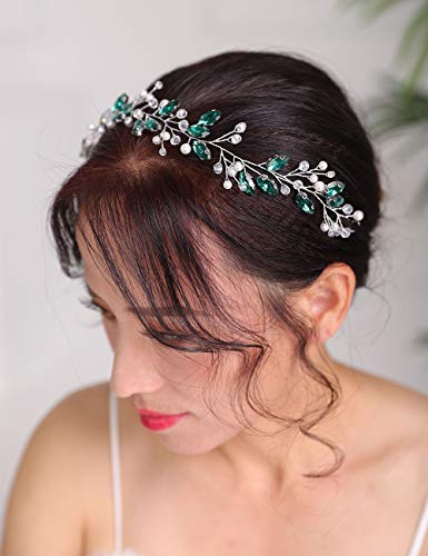 Deniferymakeup Silbernes Hochzeits-Stirnband mit grünen Kristallen, Haarschmuck für Frauen und Mädchen von Deniferymakeup