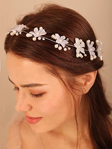 Deniferymakeup Weiße Blume Stirnband Hochzeit Braut Haarteil Bohemia Perle Haarschmuck für Frauen und Mädchen (Silber) von Deniferymakeup