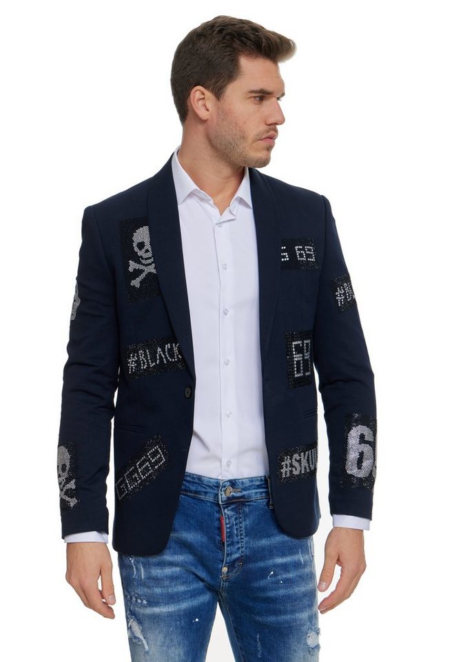 Denim Distriqt Jerseysakko Herren Sakko mit Strass veredelt Totenkopf Sakko von Denim Distriqt