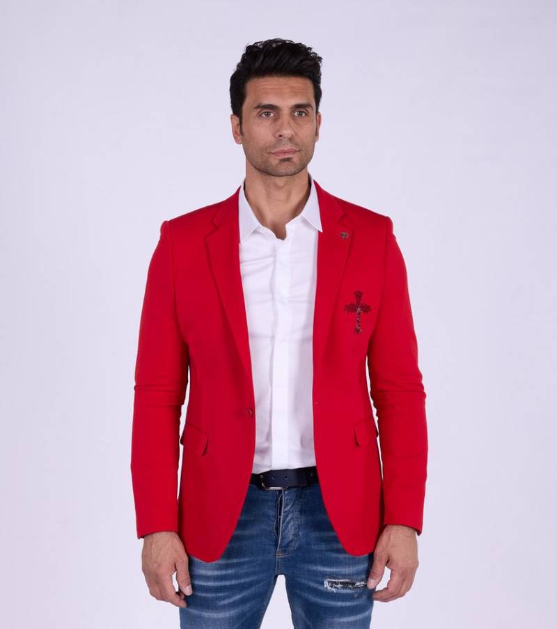 Denim Distriqt Sakko Designer Slim Fit Strass Herren Sakko Rot 58 von Denim Distriqt