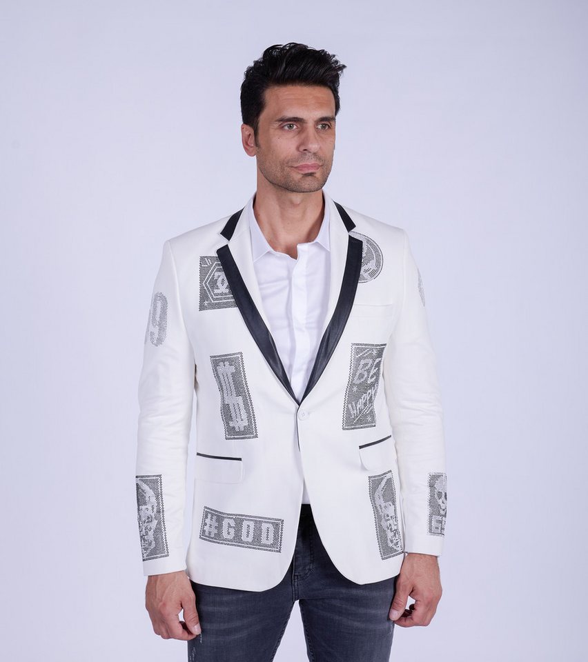 Denim Distriqt Sakko Rockiges Herren Sakkos mit extravagenten Strass Motiven Weiß 48 Kunstleder Kragen Denim Distriqt Sakko Rockiges Herren Sakkos mit extravagenten Strass Motiven Weiß 48 Kunstleder Kragen von Denim Distriqt
