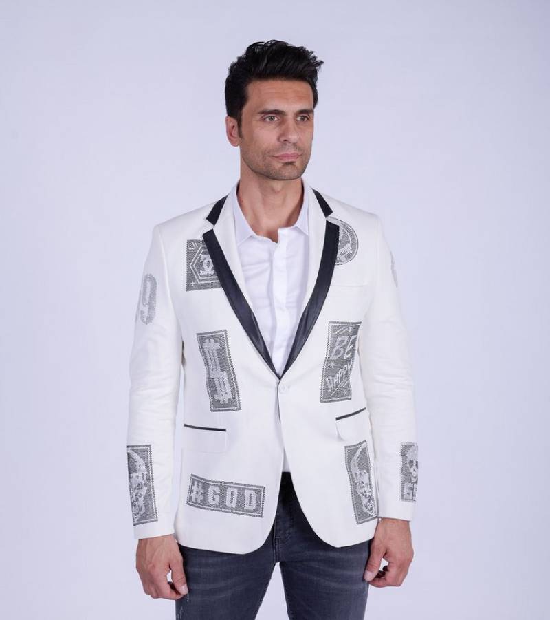 Denim Distriqt Sakko Rockiges Herren Sakkos mit extravagenten Strass Motiven Weiß 48 Kunstleder Kragen von Denim Distriqt