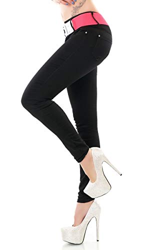 Denim Fashion Damen Skinny- Stretch- Jeans Hose Gürtel schwarz JH1889-2 Größe L von Denim Fashion