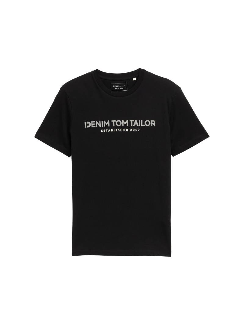 Denim Tom Tailor - Basic T-Shirt mit Logo-Print black fake leather - Gr. - L von Denim Tom Tailor