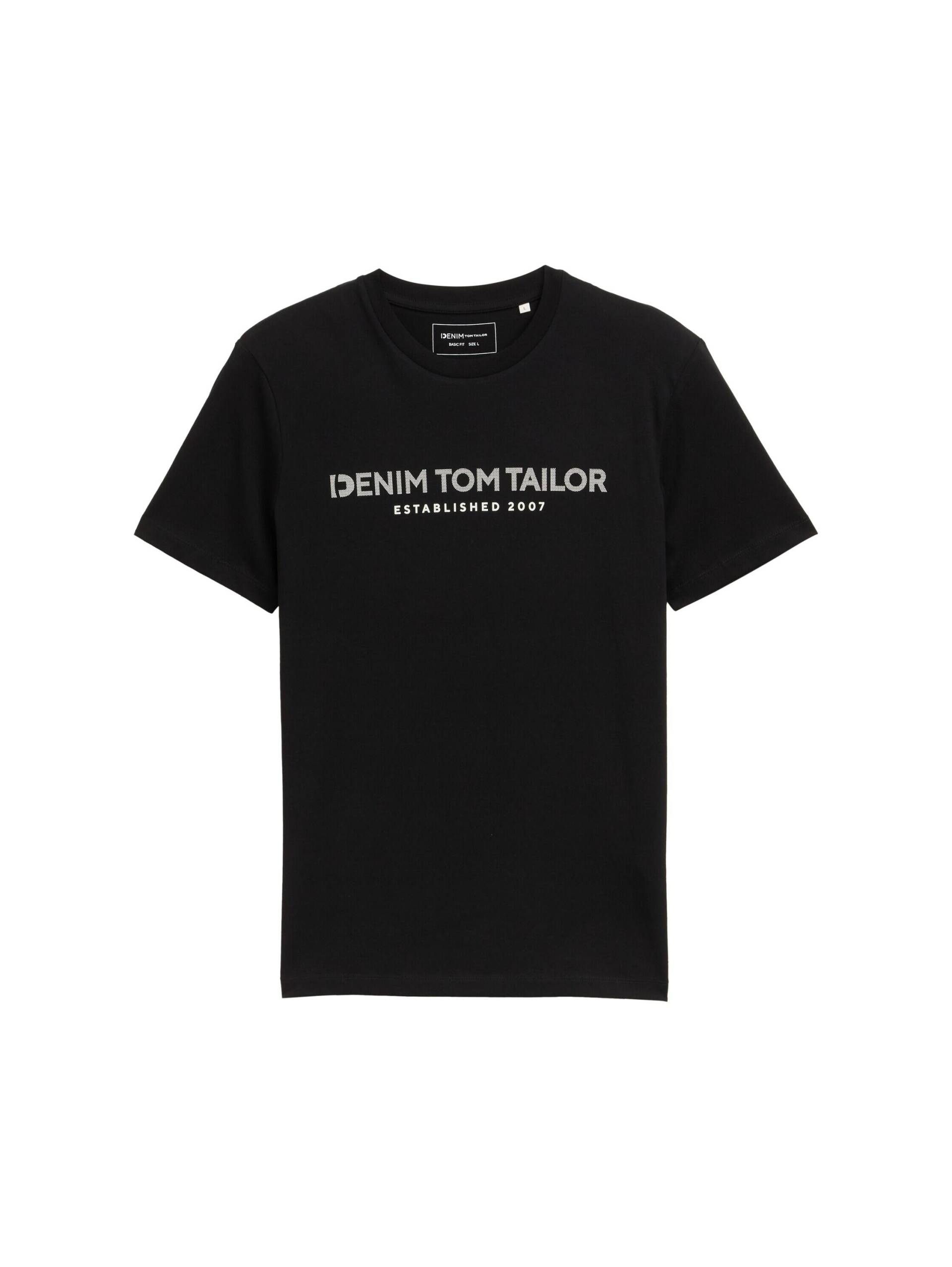 Denim Tom Tailor - Basic T-Shirt mit Logo-Print black fake leather - Gr. - S von Denim Tom Tailor