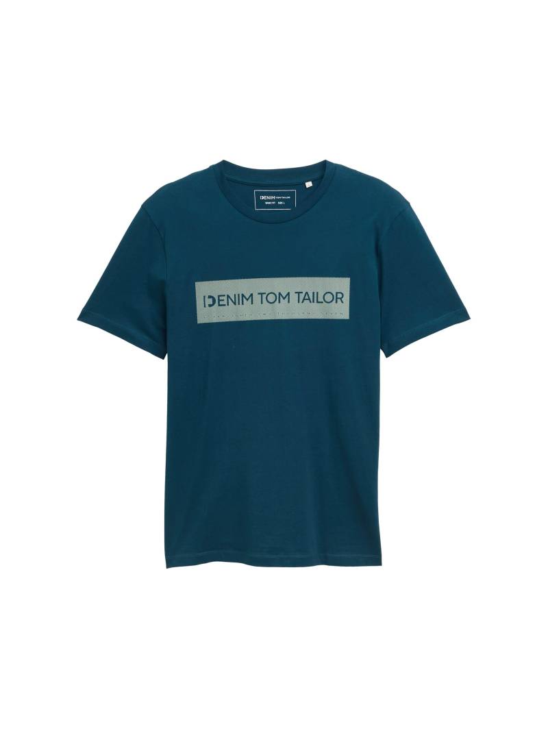 Denim Tom Tailor - Basic T-Shirt mit Logo-Print deep pond green - Gr. - L von Denim Tom Tailor
