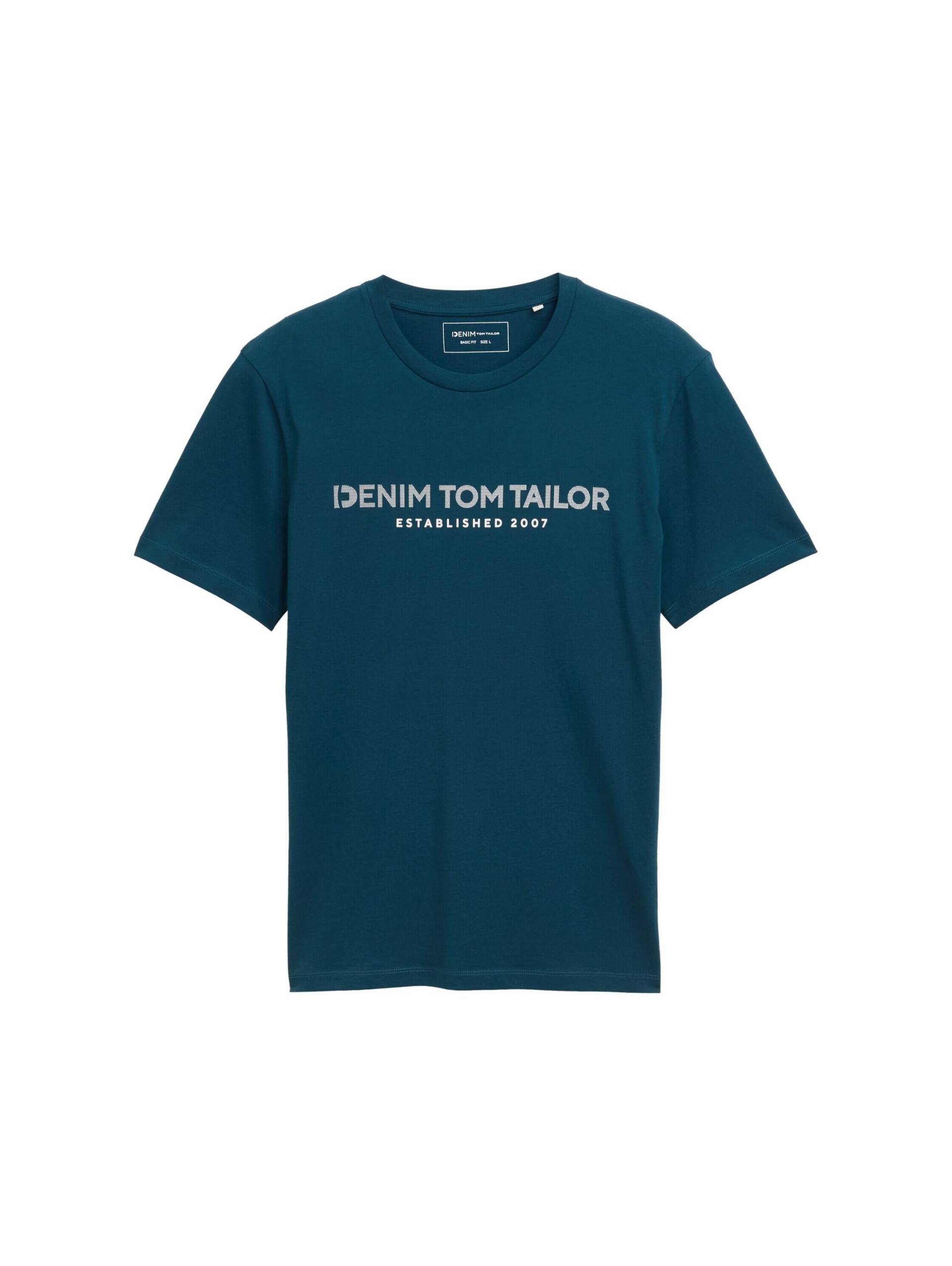 Denim Tom Tailor - Basic T-Shirt mit Logo-Print tropical lagoon - Gr. - XL von Denim Tom Tailor