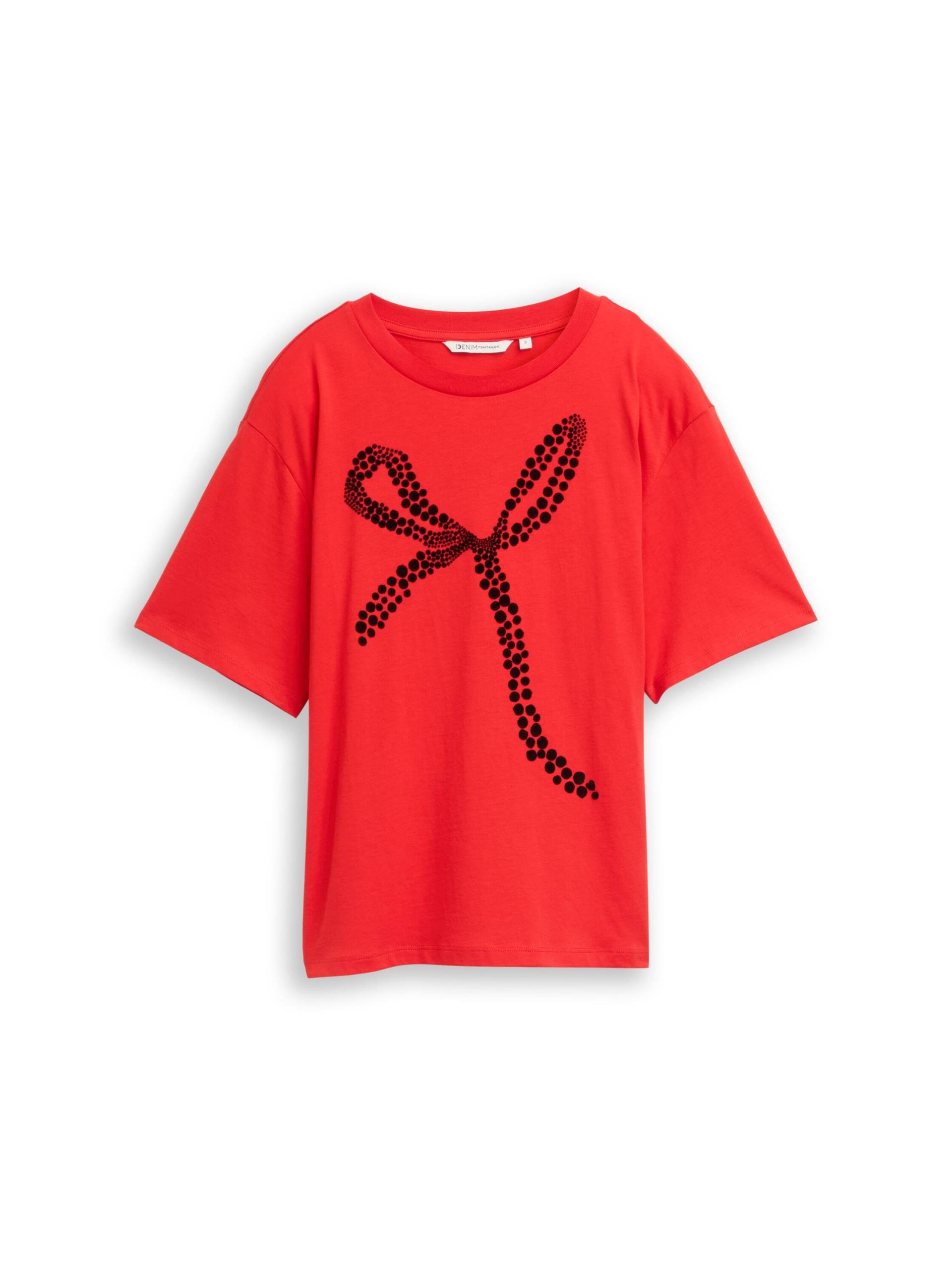 Denim Tom Tailor - Boxy Fit T-Shirt mit Schleifen-Print brilliant red - Gr. - L von Denim Tom Tailor