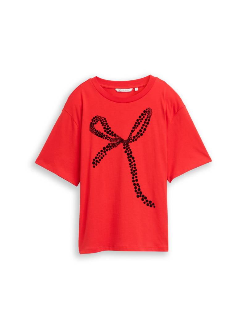 Denim Tom Tailor - Boxy Fit T-Shirt mit Schleifen-Print brilliant red - Gr. - L von Denim Tom Tailor