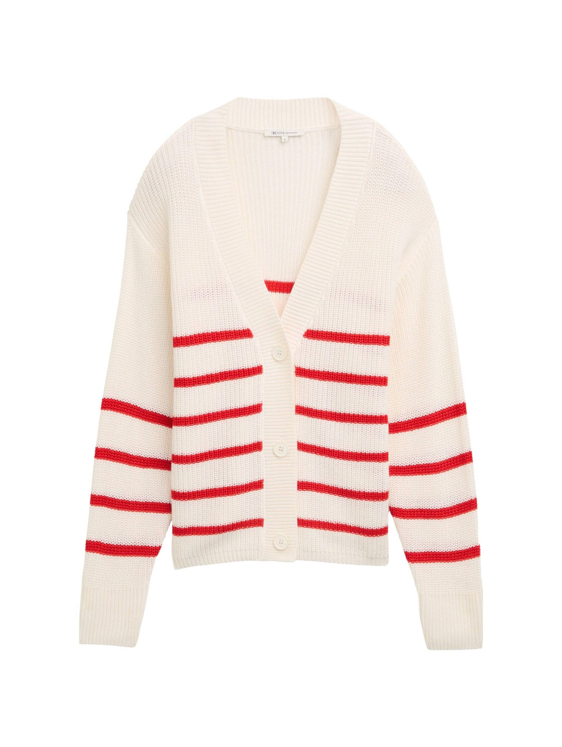 Denim Tom Tailor - Cardigan mit V-Ausschnitt placed white red stripe - Gr. - XS von Denim Tom Tailor
