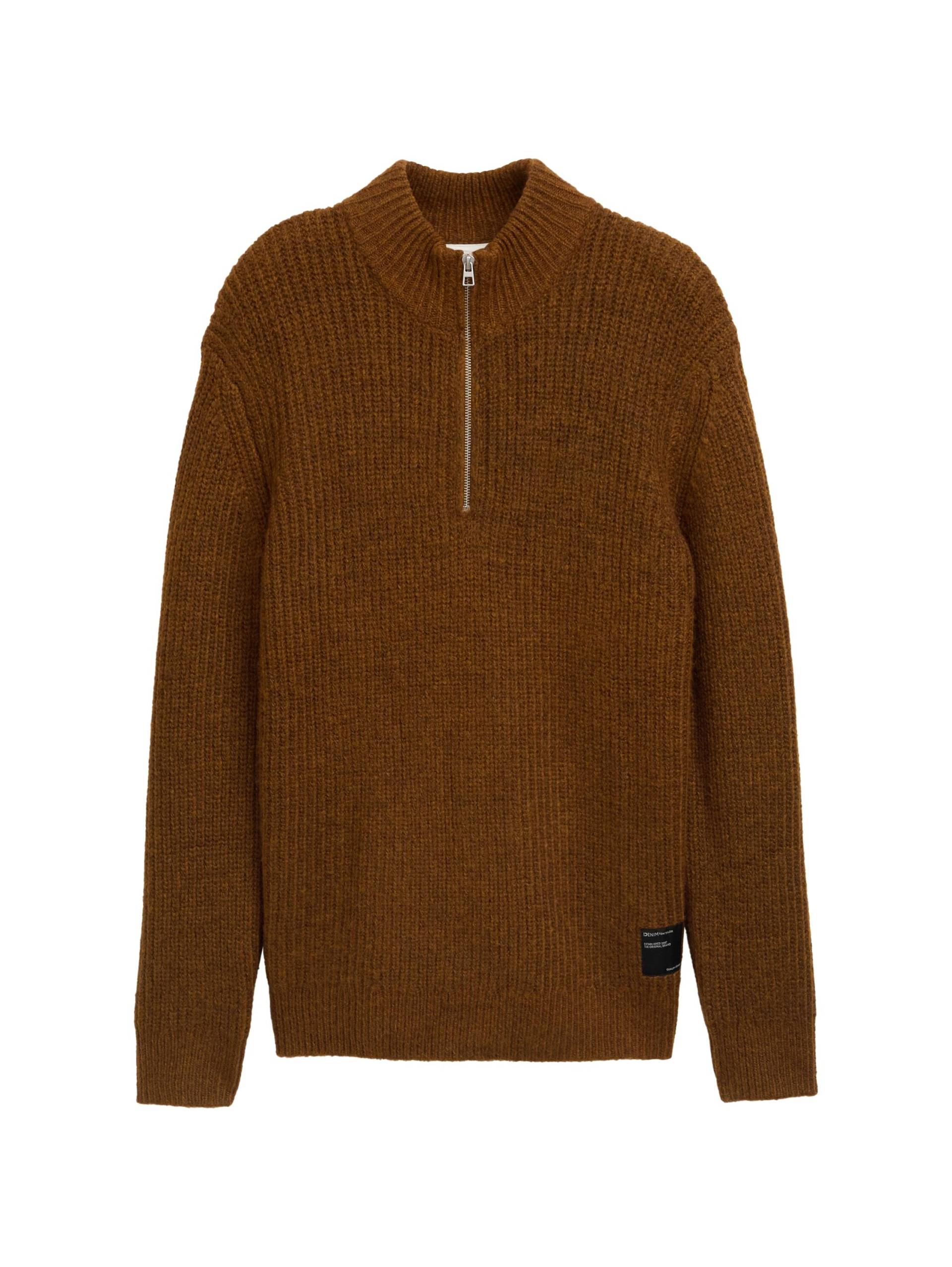 Denim Tom Tailor - Cosy Troyer Strickpullover mit Reißverschluss cognac black fancy structure - Gr. - M von Denim Tom Tailor