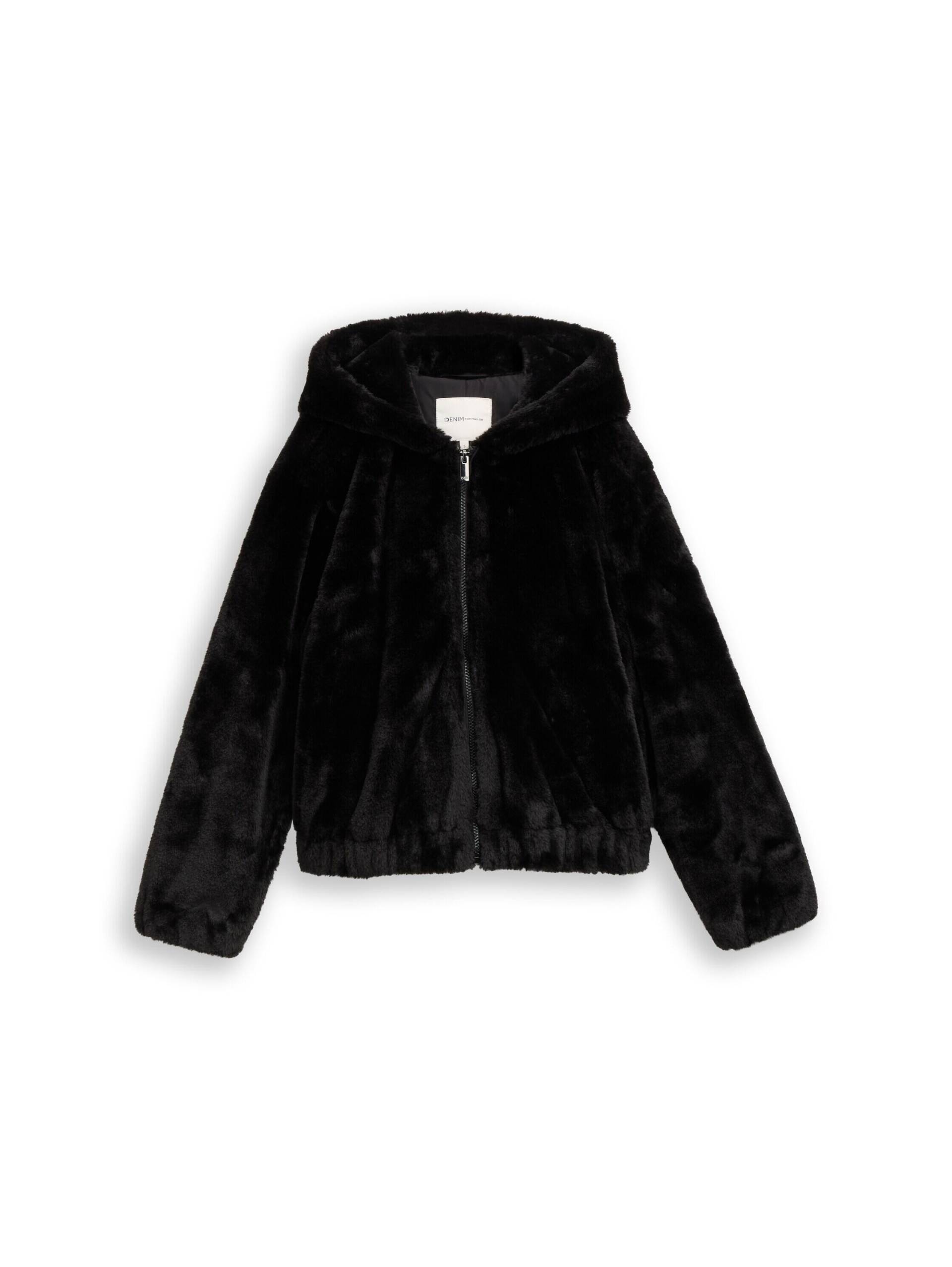 Denim Tom Tailor - Kunstfelljacke mit Kapuze deep black - Gr. - L von Denim Tom Tailor