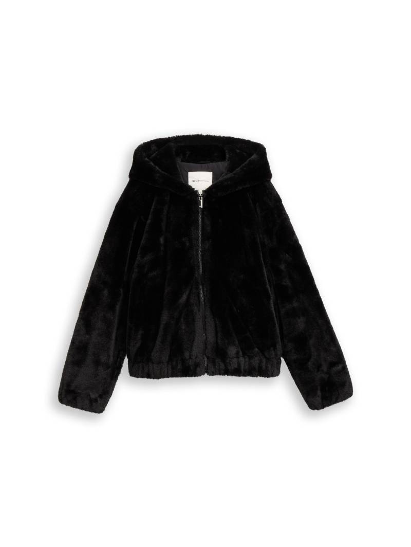 Denim Tom Tailor - Kunstfelljacke mit Kapuze deep black - Gr. - L von Denim Tom Tailor