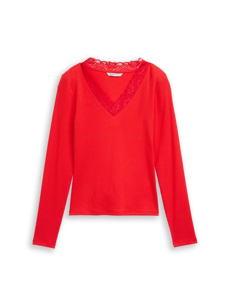 Denim Tom Tailor - Langarmshirt mit Spitze brilliant red - Gr. - XS von Denim Tom Tailor