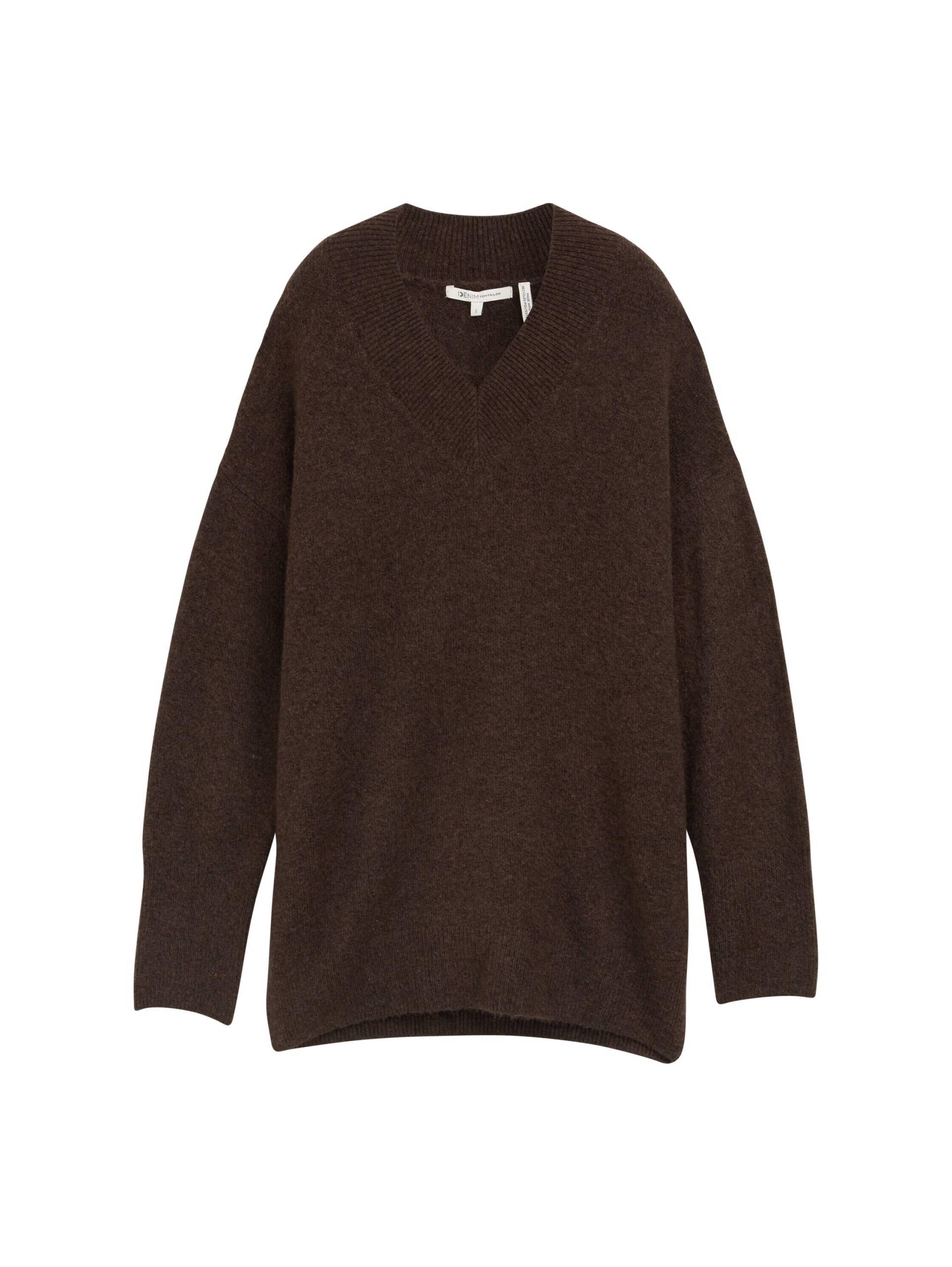 Denim Tom Tailor - Longstyle Strickpullover mit V-Ausschnitt soft chocolate brown melange - Gr. - S von Denim Tom Tailor