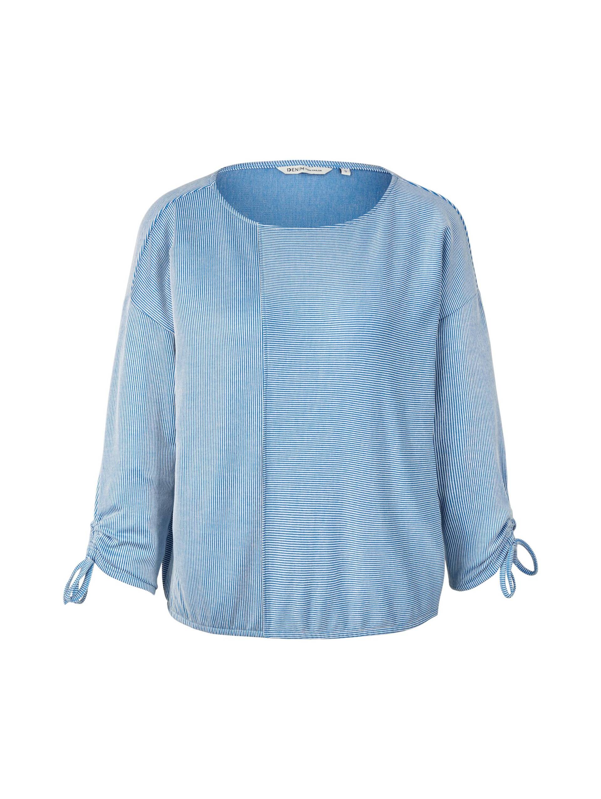 Denim Tom Tailor - Loose Fit Langarmshirt mit Raffärmeln small mid blue white stripe - Gr. - M von Denim Tom Tailor
