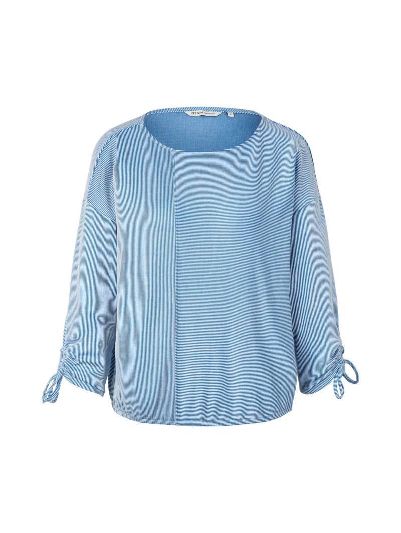 Denim Tom Tailor - Loose Fit Langarmshirt mit Raffärmeln small mid blue white stripe - Gr. - M von Denim Tom Tailor