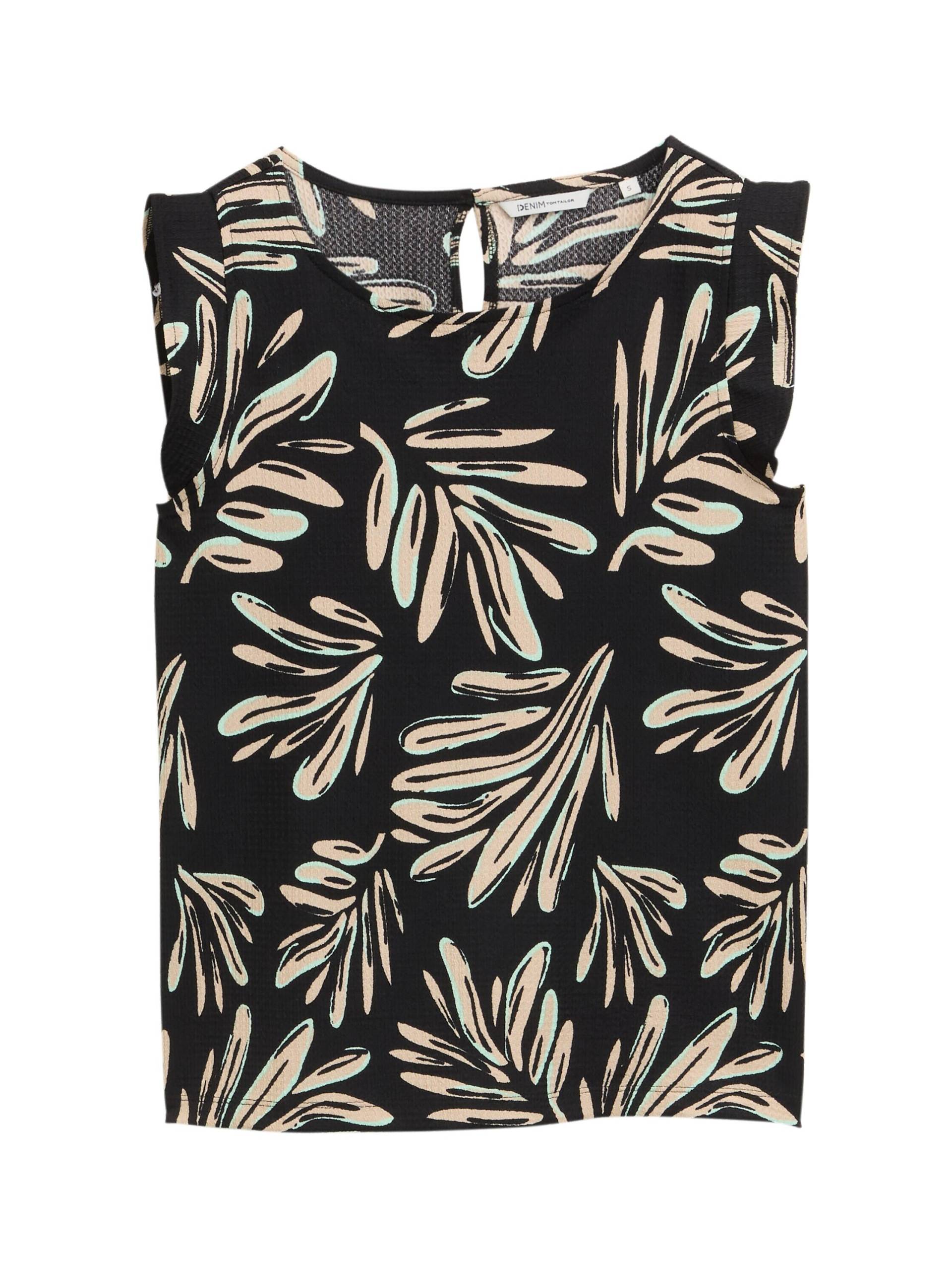 Denim Tom Tailor - Loose Fit Top mit Volantärmeln abstract black beige print - Gr. - M von Denim Tom Tailor