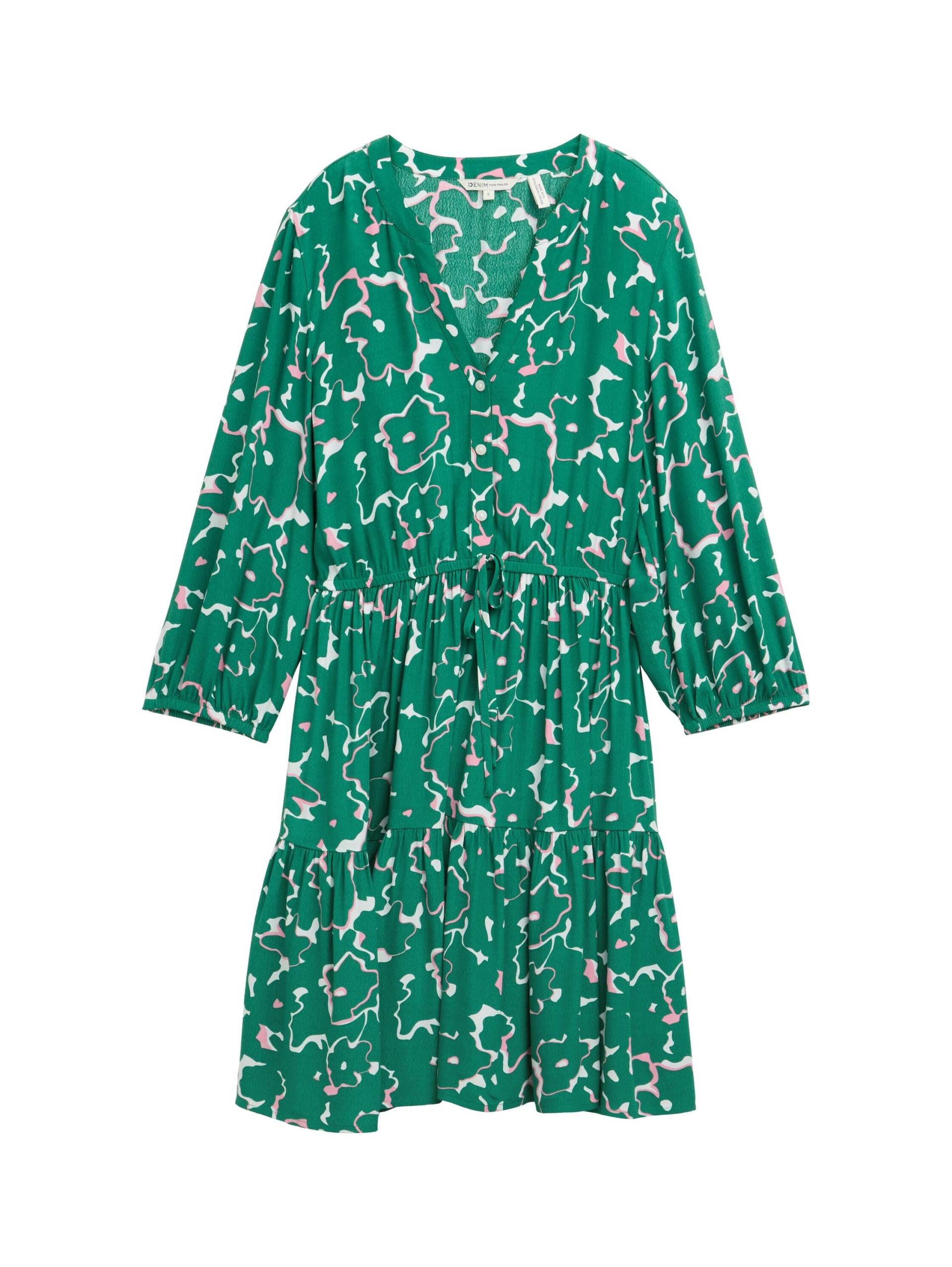 Denim Tom Tailor - Mini-Kleid mit Ballonärmeln abstract green flower print - Gr. - M von Denim Tom Tailor