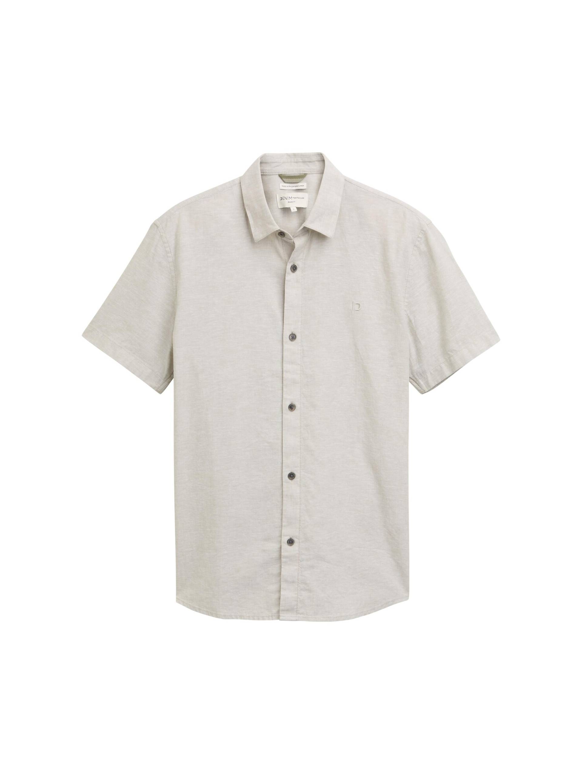 Denim Tom Tailor - Regular Fit Kurzarmhemd mit Leinenanteil beige abbey stone chambray - Gr. - M von Denim Tom Tailor